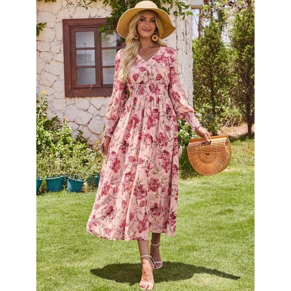 Women's Floral Maxi Dress Long Sleeve V Neck Boho Beach Party Wedding Casual - Picture 7 of 7
